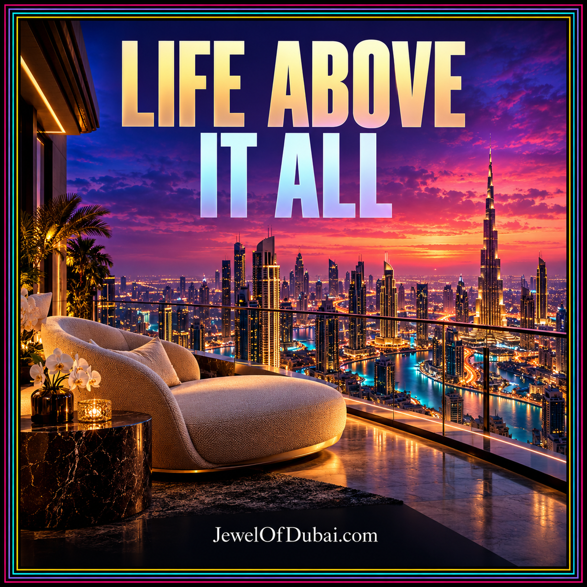 Life Above It All typography above a stylised high-rise terrace and skyline with a multicolour pinstripe frame.