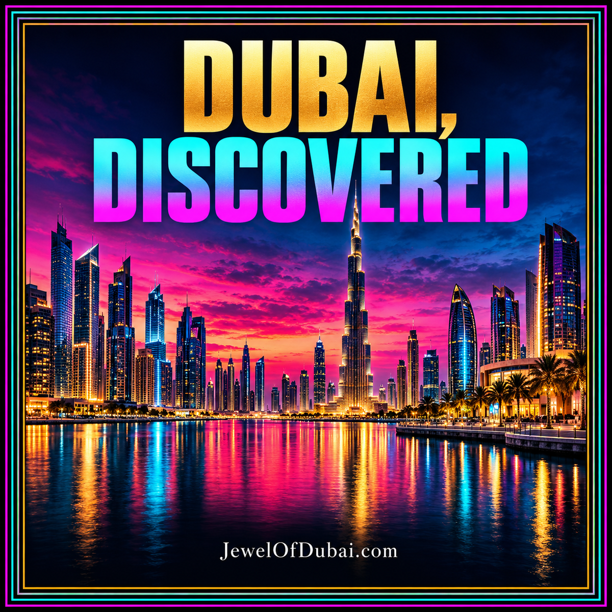Bright typography reading Dubai, Thoughtfully, with abstract skyline, pearl and palm motifs.