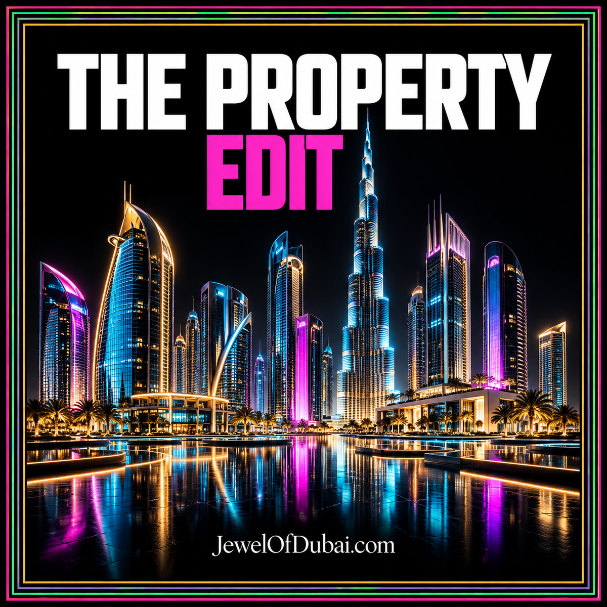 Bold Before You Buy typography with abstract document, key and Dubai tower shapes.