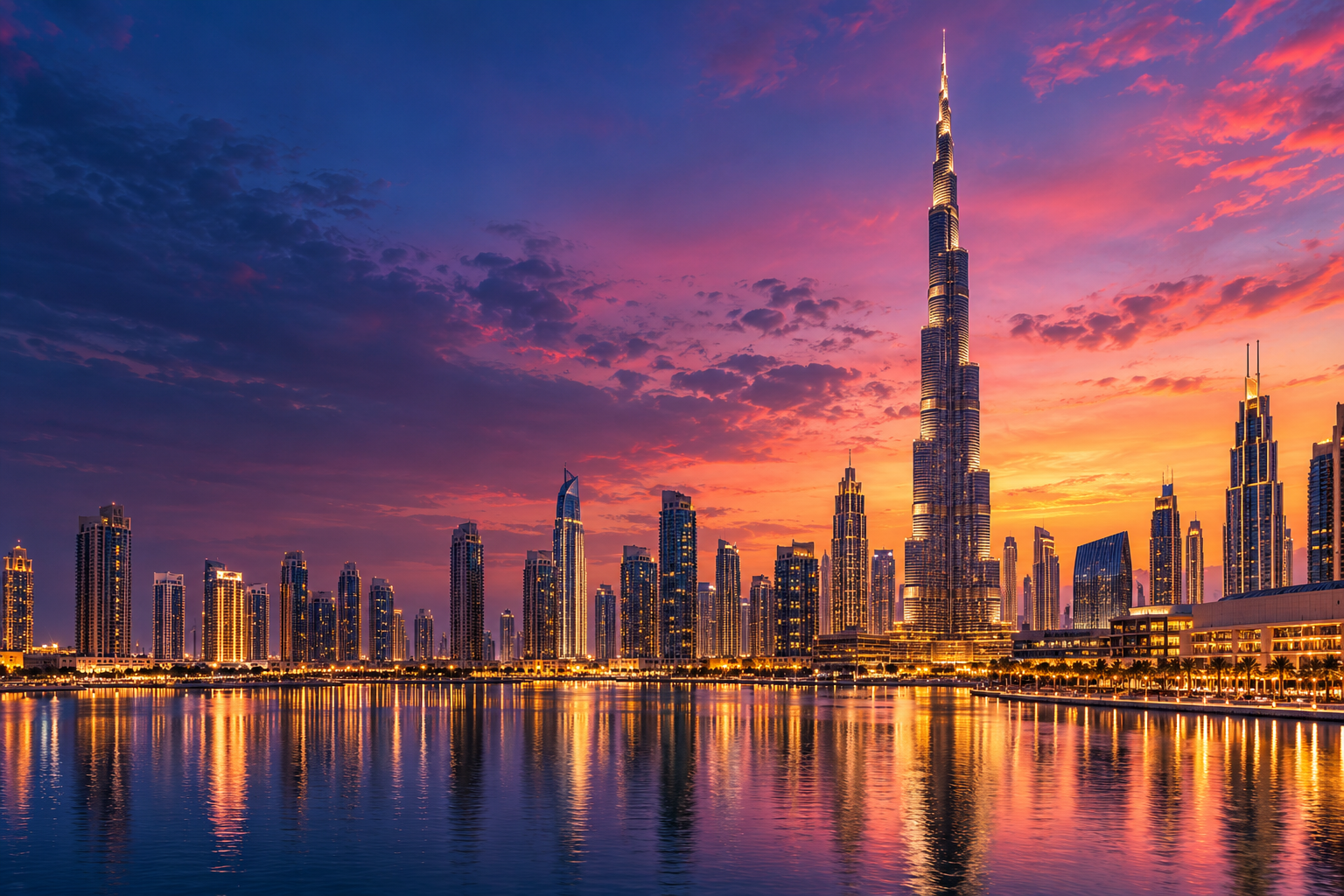 An editorial view of the Dubai skyline in vivid pink, violet and gold at dusk.