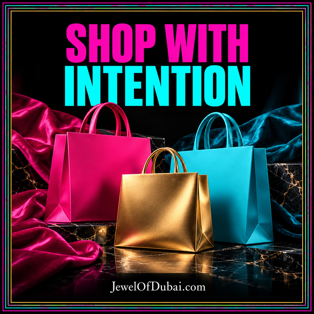 Shop With Intention typography with unbranded boutique bags and luxe fabrics inside a neon pinstripe border.