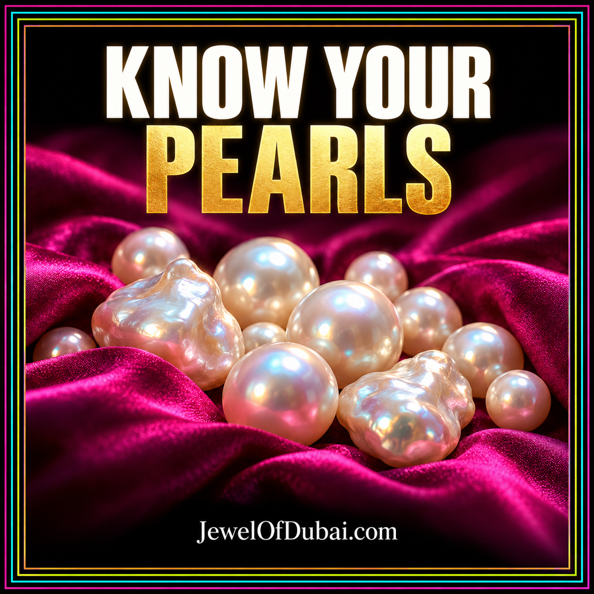 Know Your Pearls editorial card with lustrous pearls, vivid colours and a multicolour pinstripe border.