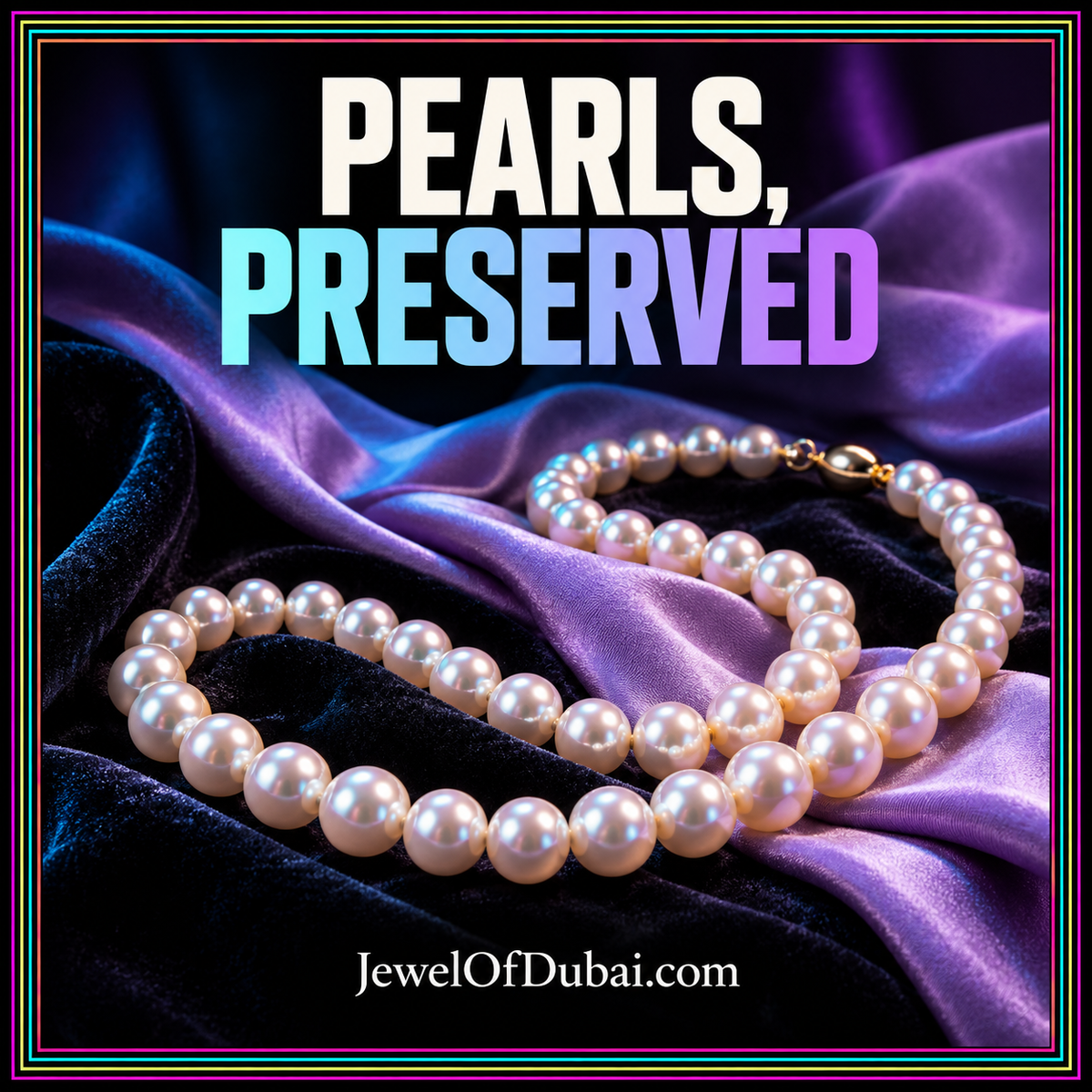 Care for Your Pearls typography with a luminous pearl strand and gentle cloth motif.