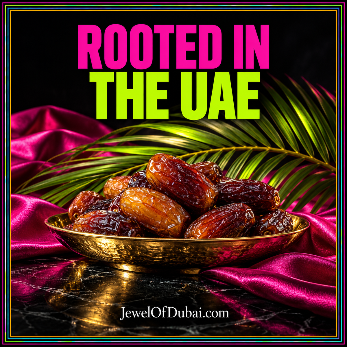 Rooted in the UAE typography with a date-fruit still life and palm fronds inside a multicolour pinstripe border.